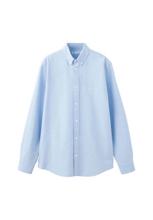 Light blue long-sleeve button-up shirt with a pointed collar and white buttons down the front, displayed on a white background.