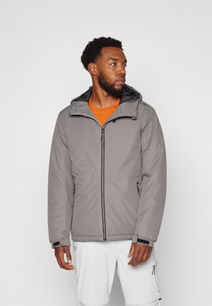 Gray insulated jacket with a black-lined hood, front zip closure, and two side zip pockets. Features adjustable cuffs and a casual fit.
