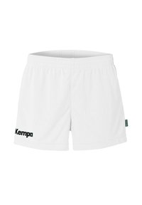 Witte sportieve shorts van textuurstof, met een elastische tailleband en een zwart "Kempa" logo aan de linkerkant.