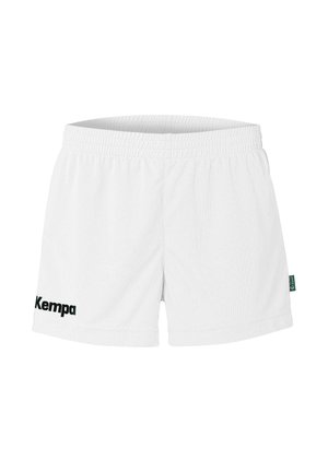 Witte sportieve shorts van textuurstof, met een elastische tailleband en een zwart "Kempa" logo aan de linkerkant.
