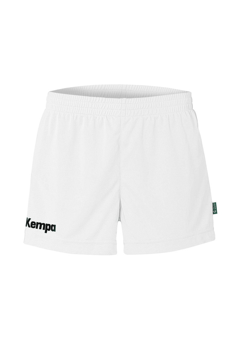 Witte sportieve shorts van textuurstof, met een elastische tailleband en een zwart "Kempa" logo aan de linkerkant.