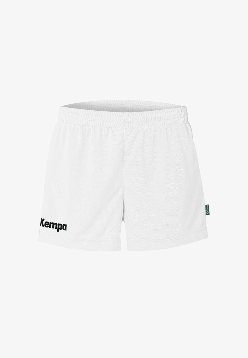 Witte sportieve shorts van textuurstof, met een elastische tailleband en een zwart "Kempa" logo aan de linkerkant.