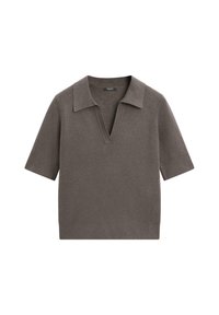 Maglione a maniche corte con scollo a V in tessuto lavorato grigio scuro, con colletto piatto e orlo a coste. Design semplice e senza cuciture, privo di fantasie.