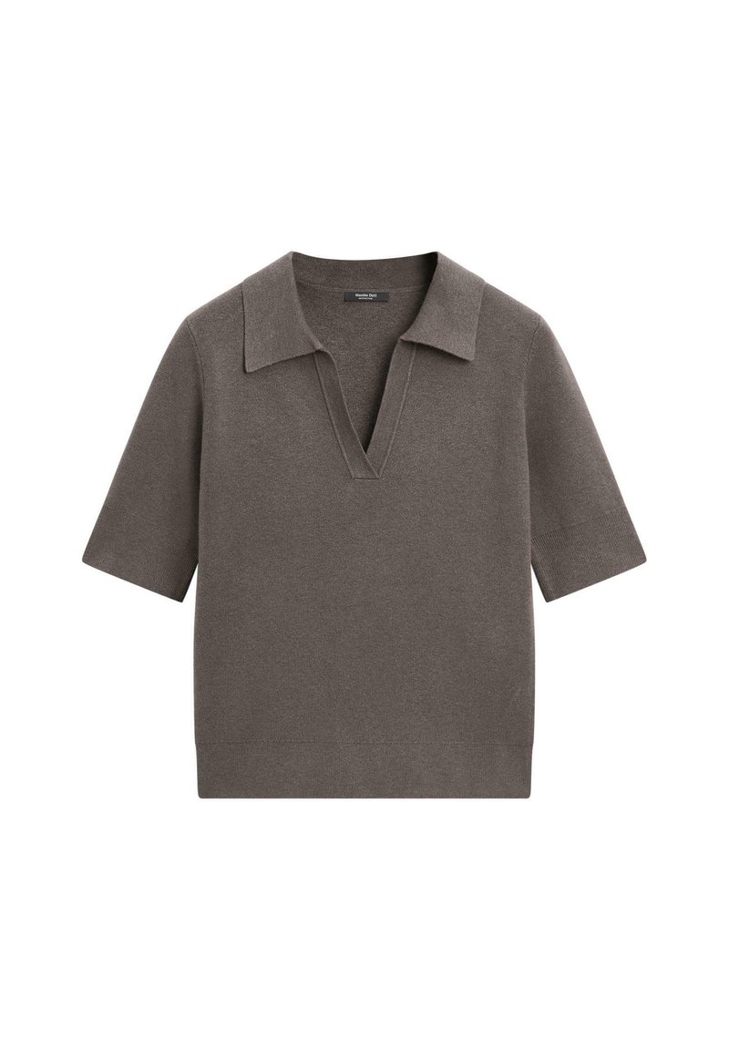 Maglione a maniche corte con scollo a V in tessuto lavorato grigio scuro, con colletto piatto e orlo a coste. Design semplice e senza cuciture, privo di fantasie.