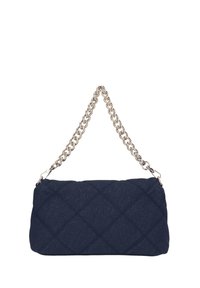 Borsa in tessuto blu navy trapuntato con forma rettangolare, tracolla a catena argentata e motivo a rombi su tutta la superficie.
