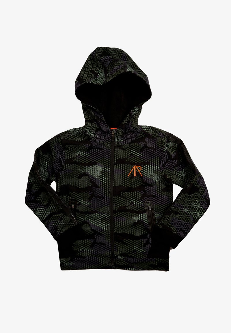 Kapuzensweatjacke mit Reißverschluss in schwarz-grünem geometrischem Tarnmuster. Verfügt über zwei seitliche Taschen und ein oranges Logo auf der Brust.