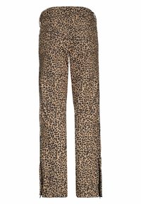 Pantalon droit à imprimé léopard avec fentes latérales zippées, vu de dos sur fond blanc.