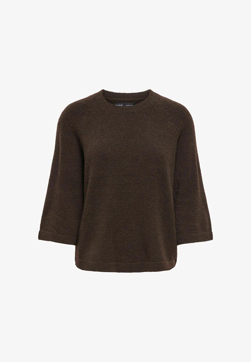 Pull en laine marron foncé avec des manches larges trois-quarts et un col rond, présenté sur un fond blanc.