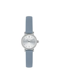 Montre argentée avec cadran rond, fond blanc, marquages argentés, lunette texturée et bracelet en cuir bleu pâle. Design compact, style minimaliste.