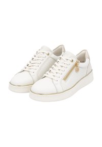 Weiße Sneakers mit einem strukturierten Muster, goldenen Hardware-Akzenten und seitlichem Reißverschluss. Verfügt über eine Gummisohle und Schnürdesign.