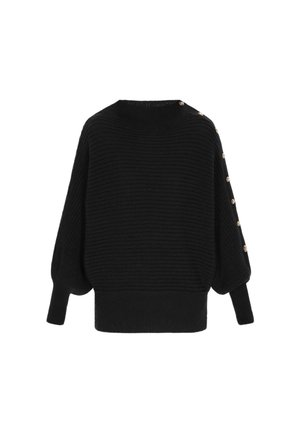 Black oversized knit sweater with ribbed texture, high neckline, and decorative buttons along the shoulder. Wide sleeves and fitted hem.