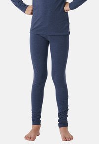 Navy blue leggings made of stretchy fabric, featuring a smooth texture and a fitted design, extending to the ankle.