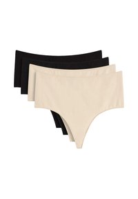 Quattro paia di mutande bikini in cotone di colore nero e beige, caratterizzate da una texture liscia, una vita elastica e senza motivi o dettagli visibili.
