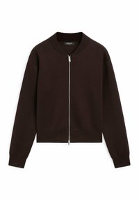 Cardigan marrone con zip e collo rotondo, polsini e orlo a costine. Tessuto liscio con una elegante zip argentata.