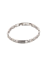 Pulsera de plata con eslabones entrelazados, acentos rectangulares y una fila central de pequeñas piedras transparentes. Acabado suave y pulido.