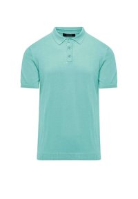Mintgroene poloshirt gemaakt van zachte stof, met een kraag, een drieknoopsluiting en korte mouwen met geribbeldeboorden.