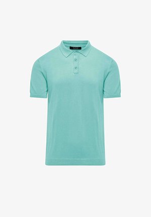 Mintgroene poloshirt gemaakt van zachte stof, met een kraag, een drieknoopsluiting en korte mouwen met geribbeldeboorden.