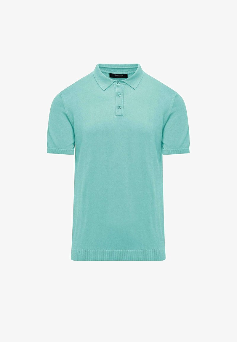 Mintgroene poloshirt gemaakt van zachte stof, met een kraag, een drieknoopsluiting en korte mouwen met geribbeldeboorden.