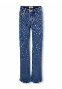 Modre denim hlače z ravnimi nogami, okrašene s razpršenimi srebrnimi žebljički za dodaten poudarek. Klasičen pet-pocket stil.