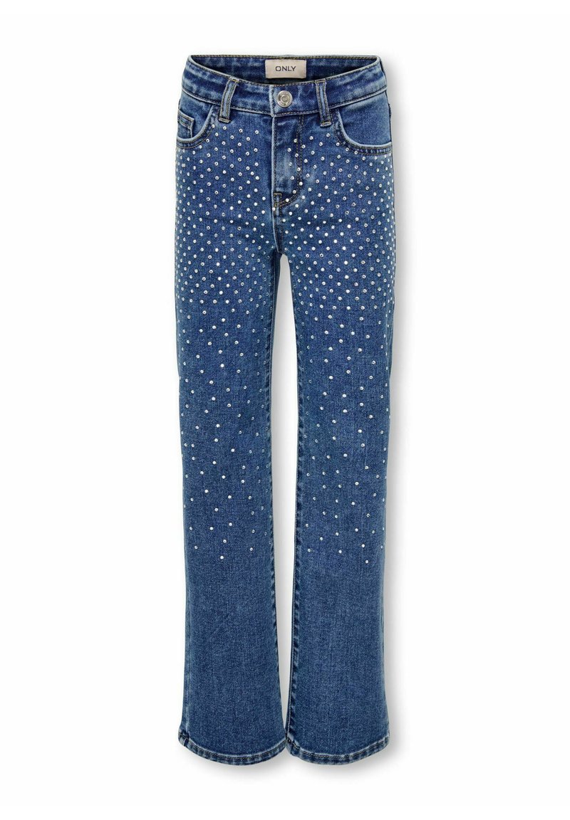 Modre denim hlače z ravnimi nogami, okrašene s razpršenimi srebrnimi žebljički za dodaten poudarek. Klasičen pet-pocket stil.