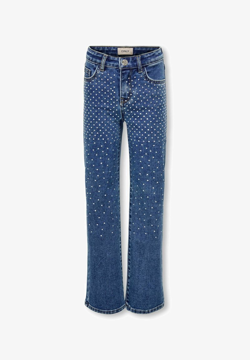 Modre denim hlače z ravnimi nogami, okrašene s razpršenimi srebrnimi žebljički za dodaten poudarek. Klasičen pet-pocket stil.
