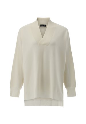 Cremfarbener Pullover mit langen Ärmeln und V-Ausschnitt, aus einem weichen Strickmaterial gefertigt. Verfügt über eine lockere Passform und gerippte Akzente am Kragen.