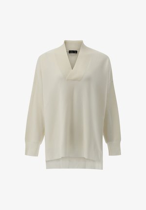 Cremfarbener Pullover mit langen Ärmeln und V-Ausschnitt, aus einem weichen Strickmaterial gefertigt. Verfügt über eine lockere Passform und gerippte Akzente am Kragen.