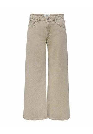 Jean beige à jambes larges avec bouton et fermeture éclair à l’avant, passants de ceinture et poches, étiqueté JDY à la ceinture.