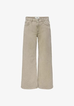 Jean beige à jambes larges avec bouton et fermeture éclair à l’avant, passants de ceinture et poches, étiqueté JDY à la ceinture.