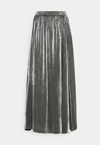 Metallic silver kjol med en texturerad, plisserad design. Har ett elastiskt midjeband och en flödande silhuett med sidoflikar.