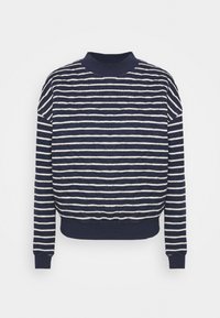 Maglione a maniche lunghe a righe orizzontali blu navy e bianche con motivo a rombi trapuntato sul davanti e polsini, colletto e orlo a coste blu navy.