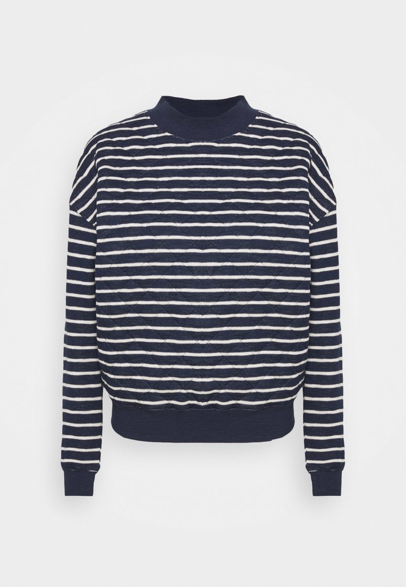 Maglione a maniche lunghe a righe orizzontali blu navy e bianche con motivo a rombi trapuntato sul davanti e polsini, colletto e orlo a coste blu navy.