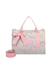 Borsa tote in tela grigia con manici rosa e un fiocco. Presenta motivi colorati di Hello Kitty. Include una tracolla rosa coordinata.