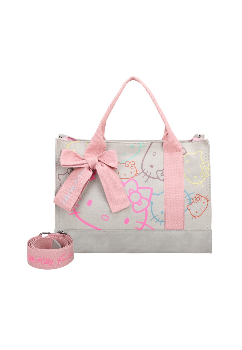Borsa tote in tela grigia con manici rosa e un fiocco. Presenta motivi colorati di Hello Kitty. Include una tracolla rosa coordinata.