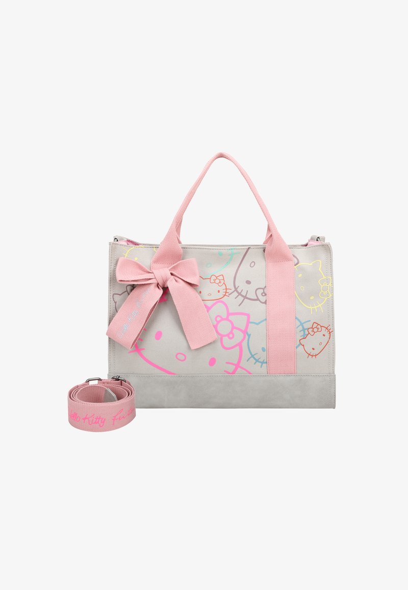 Bolso tote de lona gris con asas rosas y un lazo. Presenta coloridos patrones de Hello Kitty. Incluye una correa rosa a juego.