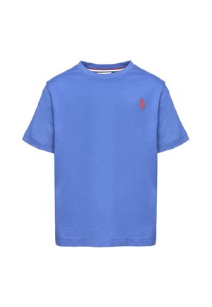 T-shirt blu a maniche corte con scollo rotondo, piccolo logo rosso ricamato sul petto sinistro e collo a costine.