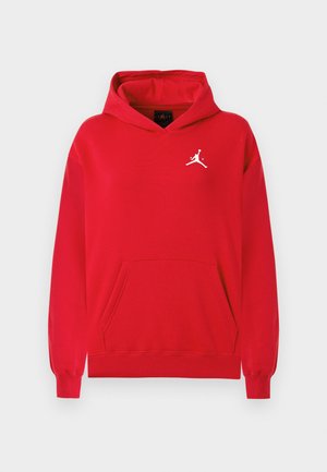 Czerwona bluza z kapturem wykonana z mieszanki bawełny, z kieszenią typu kangur, prążkowanymi mankietami oraz białym logo Jumpman na klatce piersiowej.