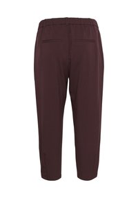 Maroon capri pants with an elastic waistband, two back pockets, and a smooth texture, featuring a relaxed fit and tapered leg design.