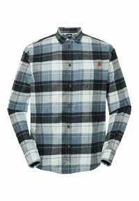 Geruit flanellen overhemd met donkeblauwe, lichtblauwe, zwarte en witte kleuren, voorzien van een knoopsluiting aan de voorkant en een borstzak.