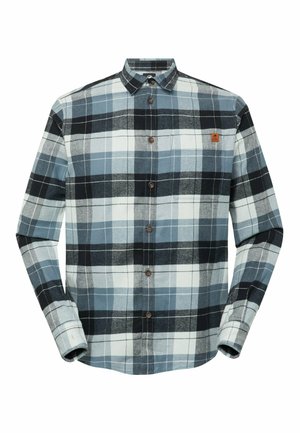 Koszula flanelowa w kratę w kolorach ciemnoniebieskim, jasnoniebieskim, czarnym i białym, z przodem na guziki i kieszenią na piersi.