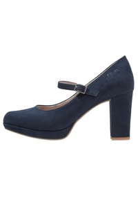 Chaussure Mary Jane en suede bleu marine avec un bout rond, une sangle à boucle et un talon épais. Texture lisse avec un minimum de décorations.