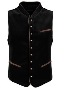 Schwarze Samtweste mit hohem Kragen, dekorativem braunen Besatz und silbernen Knöpfen. Verfügt über zwei Taschen mit kontrastierendem Piping.
