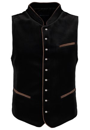 Black velvet vest with a high collar, decorative brown trim, and silver buttons. Features two pockets with contrasting piping.