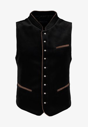 Black velvet vest with a high collar, decorative brown trim, and silver buttons. Features two pockets with contrasting piping.