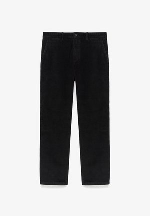 Schwarze Cordhosen mit vertikaler Rippenstruktur, gerader Beinschnitt, Fünf-Taschen-Design und einem Knopfverschluss an der Taille.