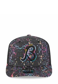 Black cap featuring a splash paint pattern in pink, blue, and yellow, with a raised embroidered letter 'B' on the front.