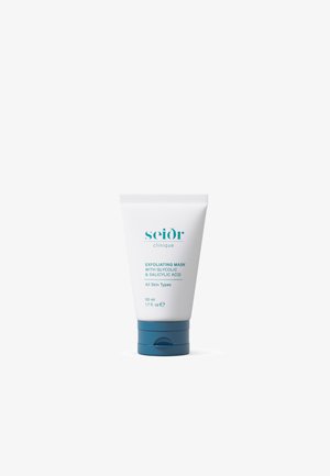 Hvit tube med blå detaljer, merket "Eksfolierende maske med glykolsyre og salisylsyre," 50 ml kapasitet, designet for alle hudtyper.