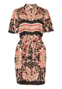 Kortärmad svart klänning med ett paisley- och blommönster i röd, beige och orange, med krage och midjeband för justerbarhet.