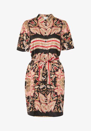 Abito nero a maniche corte con motivo paisley e floreale in rosso, beige e arancione, dotato di colletto e cintura in vita per una regolazione ottimale.