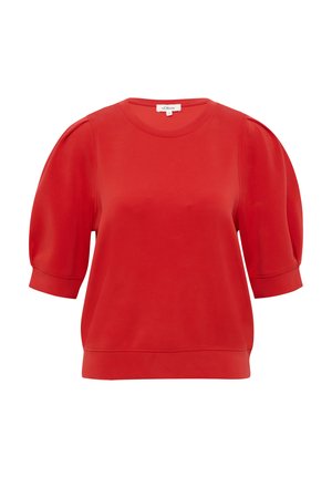 Rotes kurzärmeliges Oberteil mit rundem Halsausschnitt. Verfügt über puffige Ärmel und eine glatte Textur. Der Saum sitzt auf der Taille. Keine sichtbaren Muster.